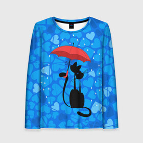 Женский лонгслив 3D с принтом Под зонтом в Кировске, 100% полиэстер | длинные рукава, круглый вырез горловины, полуприлегающий силуэт | дождь | кот | кошка | любовь | под зонтом | сердца