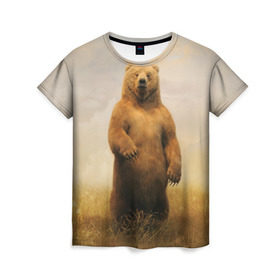 Женская футболка 3D с принтом Медведь в поле в Кировске, 100% полиэфир ( синтетическое хлопкоподобное полотно) | прямой крой, круглый вырез горловины, длина до линии бедер | bear | медведь | одуванчики | русский медведь в чистом русском поле мечта патриотаполе | сено