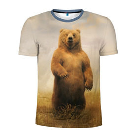 Мужская футболка 3D спортивная с принтом Медведь в поле в Кировске, 100% полиэстер с улучшенными характеристиками | приталенный силуэт, круглая горловина, широкие плечи, сужается к линии бедра | Тематика изображения на принте: bear | медведь | одуванчики | русский медведь в чистом русском поле мечта патриотаполе | сено