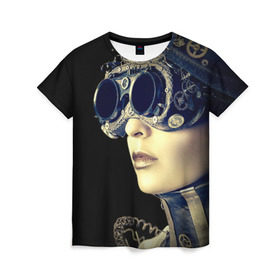 Женская футболка 3D с принтом Девушка steampunk в Кировске, 100% полиэфир ( синтетическое хлопкоподобное полотно) | прямой крой, круглый вырез горловины, длина до линии бедер | девушка steampunk | киберпанк | кожа | очки | шляпа