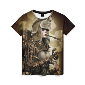 Женская футболка 3D с принтом Девушка steampunk в Кировске, 100% полиэфир ( синтетическое хлопкоподобное полотно) | прямой крой, круглый вырез горловины, длина до линии бедер | девушка steampunk | киберпанк | очки | шапка