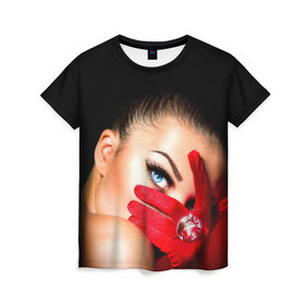 Женская футболка 3D с принтом Девушка с бриллиантом в Кировске, 100% полиэфир ( синтетическое хлопкоподобное полотно) | прямой крой, круглый вырез горловины, длина до линии бедер | взгляд | девушка с бриллиантом | красная | перчатка