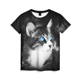 Женская футболка 3D с принтом Кот в Кировске, 100% полиэфир ( синтетическое хлопкоподобное полотно) | прямой крой, круглый вырез горловины, длина до линии бедер | взгляд | глаза | голубые | кот