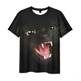 Мужская футболка 3D с принтом Черный кот в Кировске, 100% полиэфир | прямой крой, круглый вырез горловины, длина до линии бедер | глаза | клыки | хищник | черный кон