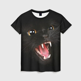 Женская футболка 3D с принтом Черный кот в Кировске, 100% полиэфир ( синтетическое хлопкоподобное полотно) | прямой крой, круглый вырез горловины, длина до линии бедер | глаза | клыки | хищник | черный кон