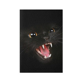 Обложка для паспорта матовая кожа с принтом Черный кот в Кировске, натуральная матовая кожа | размер 19,3 х 13,7 см; прозрачные пластиковые крепления | Тематика изображения на принте: глаза | клыки | хищник | черный кон