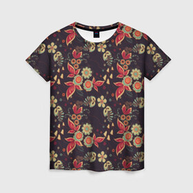 Женская футболка 3D с принтом Хохлома в Кировске, 100% полиэфир ( синтетическое хлопкоподобное полотно) | прямой крой, круглый вырез горловины, длина до линии бедер | народные | прикольные | русские | украина | хохлома | цветы