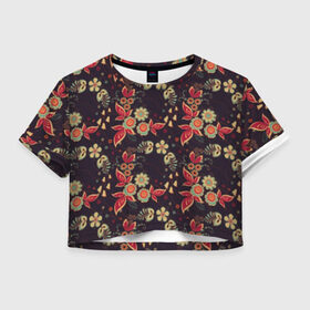 Женская футболка 3D укороченная с принтом Хохлома в Кировске, 100% полиэстер | круглая горловина, длина футболки до линии талии, рукава с отворотами | народные | прикольные | русские | украина | хохлома | цветы