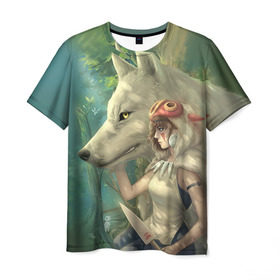 Мужская футболка 3D с принтом Принцесса и волк в Кировске, 100% полиэфир | прямой крой, круглый вырез горловины, длина до линии бедер | волк | классика | лес | мононоке | фэнтези | хидео | хит