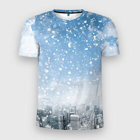 Мужская футболка 3D спортивная с принтом Снежный город в Кировске, 100% полиэстер с улучшенными характеристиками | приталенный силуэт, круглая горловина, широкие плечи, сужается к линии бедра | город | зима | природа | снег | снегопад
