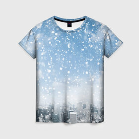 Женская футболка 3D с принтом Снежный город в Кировске, 100% полиэфир ( синтетическое хлопкоподобное полотно) | прямой крой, круглый вырез горловины, длина до линии бедер | город | зима | природа | снег | снегопад