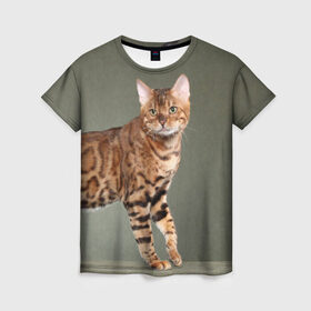 Женская футболка 3D с принтом Бенгальский кот в Кировске, 100% полиэфир ( синтетическое хлопкоподобное полотно) | прямой крой, круглый вырез горловины, длина до линии бедер | бенгальский | домашняя | животное | кот | котэ | кошка