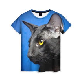 Женская футболка 3D с принтом Черный кот в Кировске, 100% полиэфир ( синтетическое хлопкоподобное полотно) | прямой крой, круглый вырез горловины, длина до линии бедер | домашняя | животное | кот | котэ | кошка | черный