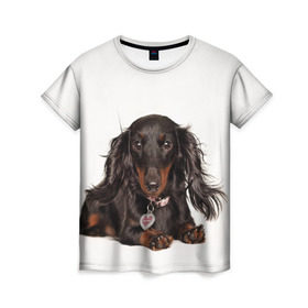 Женская футболка 3D с принтом Карликовая такса в Кировске, 100% полиэфир ( синтетическое хлопкоподобное полотно) | прямой крой, круглый вырез горловины, длина до линии бедер | животное | карликовая такса | порода | собака