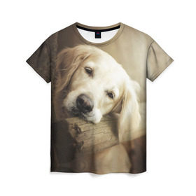 Женская футболка 3D с принтом Золотистый ретривер в Кировске, 100% полиэфир ( синтетическое хлопкоподобное полотно) | прямой крой, круглый вырез горловины, длина до линии бедер | животное | золотистый ретривер | порода | собака