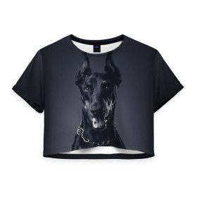 Женская футболка 3D укороченная с принтом Доберман в Кировске, 100% полиэстер | круглая горловина, длина футболки до линии талии, рукава с отворотами | доберман | животное | порода | собака