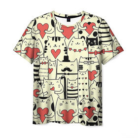 Мужская футболка 3D с принтом Любящие котики в Кировске, 100% полиэфир | прямой крой, круглый вырез горловины, длина до линии бедер | 14 февраля | cat | love | love you | валентин | влюбленные | день святого валентина | кот | котики | лав | любовь | подарок девушке | подарок парню