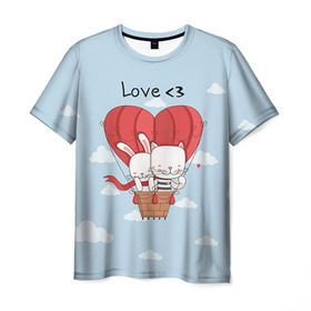 Мужская футболка 3D с принтом Влюбленные на шаре в Кировске, 100% полиэфир | прямой крой, круглый вырез горловины, длина до линии бедер | 14 февраля | love | love you | валентин | влюбленные | день святого валентина | зайчики | заяц | лав | любовь | подарок девушке | подарок парню