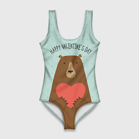 Купальник-боди 3D с принтом Медведь с сердцем в Кировске, 82% полиэстер, 18% эластан | Круглая горловина, круглый вырез на спине | 14 февраля | bears | love | love you | валентин | влюбленные | день святого валентина | лав | любовь | медведб | медведи | мишки | подарок девушке | подарок парню