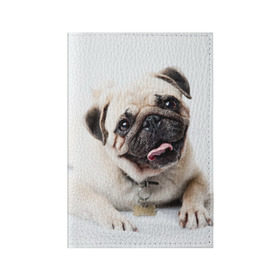Обложка для паспорта матовая кожа с принтом Мопс в Кировске, натуральная матовая кожа | размер 19,3 х 13,7 см; прозрачные пластиковые крепления | Тематика изображения на принте: животное | мопс | порода | собака