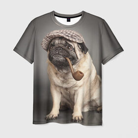 Мужская футболка 3D с принтом Мопс в кепке в Кировске, 100% полиэфир | прямой крой, круглый вырез горловины, длина до линии бедер | животное | мопс | порода | собака