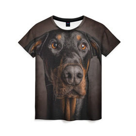 Женская футболка 3D с принтом Доберман в Кировске, 100% полиэфир ( синтетическое хлопкоподобное полотно) | прямой крой, круглый вырез горловины, длина до линии бедер | доберман | животное | порода | собака