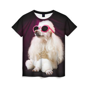 Женская футболка 3D с принтом Пудель в очках в Кировске, 100% полиэфир ( синтетическое хлопкоподобное полотно) | прямой крой, круглый вырез горловины, длина до линии бедер | животное | порода | пудель в очках | собака