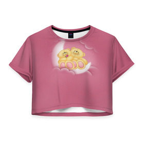 Женская футболка 3D укороченная с принтом Мишки в облаках в Кировске, 100% полиэстер | круглая горловина, длина футболки до линии талии, рукава с отворотами | 14 февраля | bears | teddy | валентин | день святого валентина | игрушки | медведи | милый | мимими | мишка | мишки | подарки | подарок | подарок девушке | подарок парню | тедди