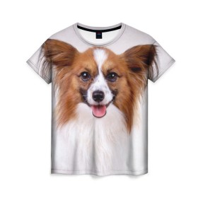 Женская футболка 3D с принтом Папийон в Кировске, 100% полиэфир ( синтетическое хлопкоподобное полотно) | прямой крой, круглый вырез горловины, длина до линии бедер | животное | папийон | порода | собака
