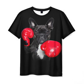 Мужская футболка 3D с принтом Французский бульдог в Кировске, 100% полиэфир | прямой крой, круглый вырез горловины, длина до линии бедер | бокс | перчатки | собака | французский бульдог