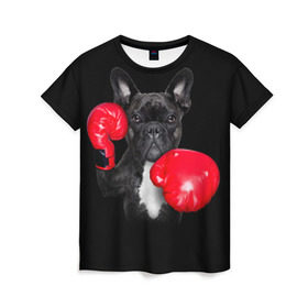 Женская футболка 3D с принтом Французский бульдог в Кировске, 100% полиэфир ( синтетическое хлопкоподобное полотно) | прямой крой, круглый вырез горловины, длина до линии бедер | бокс | перчатки | собака | французский бульдог