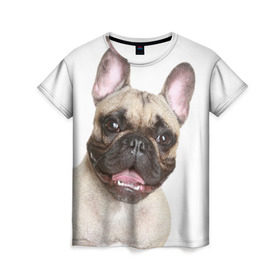 Женская футболка 3D с принтом Французский бульдог в Кировске, 100% полиэфир ( синтетическое хлопкоподобное полотно) | прямой крой, круглый вырез горловины, длина до линии бедер | животное | порода | собака | французский бульдог