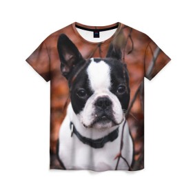 Женская футболка 3D с принтом Бостон Терьер в Кировске, 100% полиэфир ( синтетическое хлопкоподобное полотно) | прямой крой, круглый вырез горловины, длина до линии бедер | Тематика изображения на принте: животное | порода | собака | французский бульдог