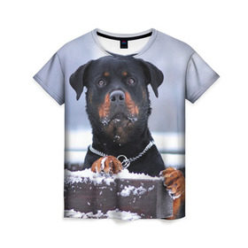 Женская футболка 3D с принтом Ротвейлер в Кировске, 100% полиэфир ( синтетическое хлопкоподобное полотно) | прямой крой, круглый вырез горловины, длина до линии бедер | животное | порода | ротвейлер | собака