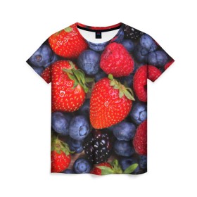 Женская футболка 3D с принтом Berries в Кировске, 100% полиэфир ( синтетическое хлопкоподобное полотно) | прямой крой, круглый вырез горловины, длина до линии бедер | strawberry | vegan | vegetarian | веган | вегетарианство | земляника | йога | клубника | фитнес | черника | ягода