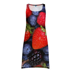 Платье-майка 3D с принтом Berries в Кировске, 100% полиэстер | полуприлегающий силуэт, широкие бретели, круглый вырез горловины, удлиненный подол сзади. | strawberry | vegan | vegetarian | веган | вегетарианство | земляника | йога | клубника | фитнес | черника | ягода