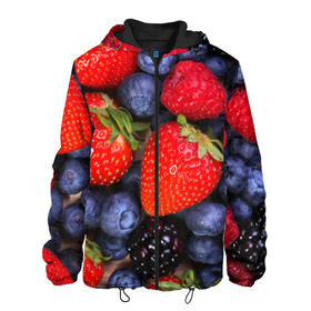 Мужская куртка 3D с принтом Berries в Кировске, ткань верха — 100% полиэстер, подклад — флис | прямой крой, подол и капюшон оформлены резинкой с фиксаторами, два кармана без застежек по бокам, один большой потайной карман на груди. Карман на груди застегивается на липучку | Тематика изображения на принте: strawberry | vegan | vegetarian | веган | вегетарианство | земляника | йога | клубника | фитнес | черника | ягода