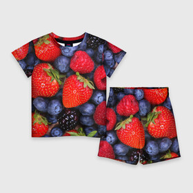 Детский костюм с шортами 3D с принтом Berries в Кировске,  |  | strawberry | vegan | vegetarian | веган | вегетарианство | земляника | йога | клубника | фитнес | черника | ягода