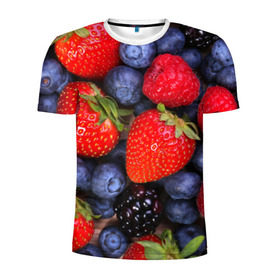 Мужская футболка 3D спортивная с принтом Berries в Кировске, 100% полиэстер с улучшенными характеристиками | приталенный силуэт, круглая горловина, широкие плечи, сужается к линии бедра | Тематика изображения на принте: strawberry | vegan | vegetarian | веган | вегетарианство | земляника | йога | клубника | фитнес | черника | ягода