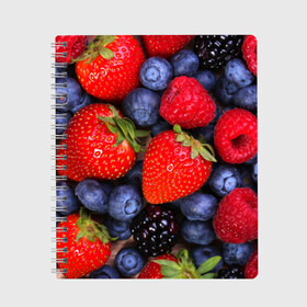 Тетрадь с принтом Berries в Кировске, 100% бумага | 48 листов, плотность листов — 60 г/м2, плотность картонной обложки — 250 г/м2. Листы скреплены сбоку удобной пружинной спиралью. Уголки страниц и обложки скругленные. Цвет линий — светло-серый
 | Тематика изображения на принте: strawberry | vegan | vegetarian | веган | вегетарианство | земляника | йога | клубника | фитнес | черника | ягода