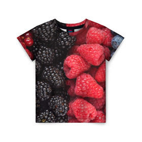 Детская футболка 3D с принтом Ягодная в Кировске, 100% гипоаллергенный полиэфир | прямой крой, круглый вырез горловины, длина до линии бедер, чуть спущенное плечо, ткань немного тянется | Тематика изображения на принте: strawberry | vegan | vegetarian | будизм | веган | вегетарианство | земляника | йога | клубника | клюква | фитнес | черника | ягода