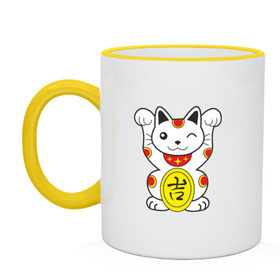 Кружка двухцветная с принтом Японский котик в Кировске, керамика | объем — 330 мл, диаметр — 80 мм. Цветная ручка и кайма сверху, в некоторых цветах — вся внутренняя часть | иероглиф | кот | япония