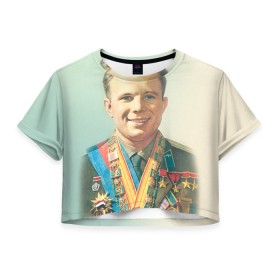 Женская футболка 3D укороченная с принтом Гагарин 2 в Кировске, 100% полиэстер | круглая горловина, длина футболки до линии талии, рукава с отворотами | гагарин | космос | космос наш | поехали | ретро | ссср | юрий гагарин