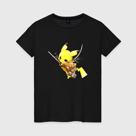 Женская футболка хлопок с принтом Attack on Titan - Pikachu в Кировске, 100% хлопок | прямой крой, круглый вырез горловины, длина до линии бедер, слегка спущенное плечо | 