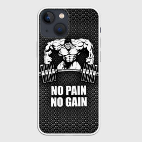 Чехол для iPhone 13 mini с принтом No pain no gain 2 в Кировске,  |  | bodybuilding | no pain no gain | train hard | бодибилдинг | качалка | пауэрлифинг | тренажерный | фитнес