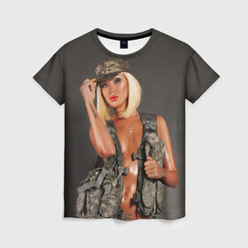 Женская футболка 3D с принтом Девушка в форме в Кировске, 100% полиэфир ( синтетическое хлопкоподобное полотно) | прямой крой, круглый вырез горловины, длина до линии бедер | армия | девушка воин | камуфляж | оружие