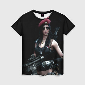 Женская футболка 3D с принтом Девушка воин в Кировске, 100% полиэфир ( синтетическое хлопкоподобное полотно) | прямой крой, круглый вырез горловины, длина до линии бедер | бирет | девушка воин | камуфляж | оружие | очки