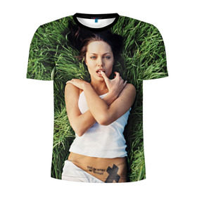 Мужская футболка 3D спортивная с принтом Джоли Анджелина в Кировске, 100% полиэстер с улучшенными характеристиками | приталенный силуэт, круглая горловина, широкие плечи, сужается к линии бедра | Тематика изображения на принте: анджелина | девушка | джоли | лежит | тату