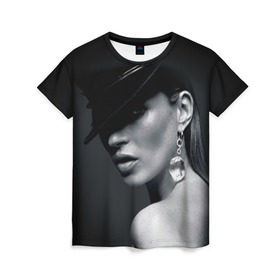 Женская футболка 3D с принтом Девушка в шляпе в Кировске, 100% полиэфир ( синтетическое хлопкоподобное полотно) | прямой крой, круглый вырез горловины, длина до линии бедер | бриллиант | девушка | красивая | серьга | шляпа