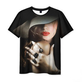 Мужская футболка 3D с принтом Загадочная девушка в Кировске, 100% полиэфир | прямой крой, круглый вырез горловины, длина до линии бедер | губы | девушка | загадочная | перстни | шляпа
